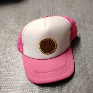 Pink and White Trucker Hat with Smiley Face